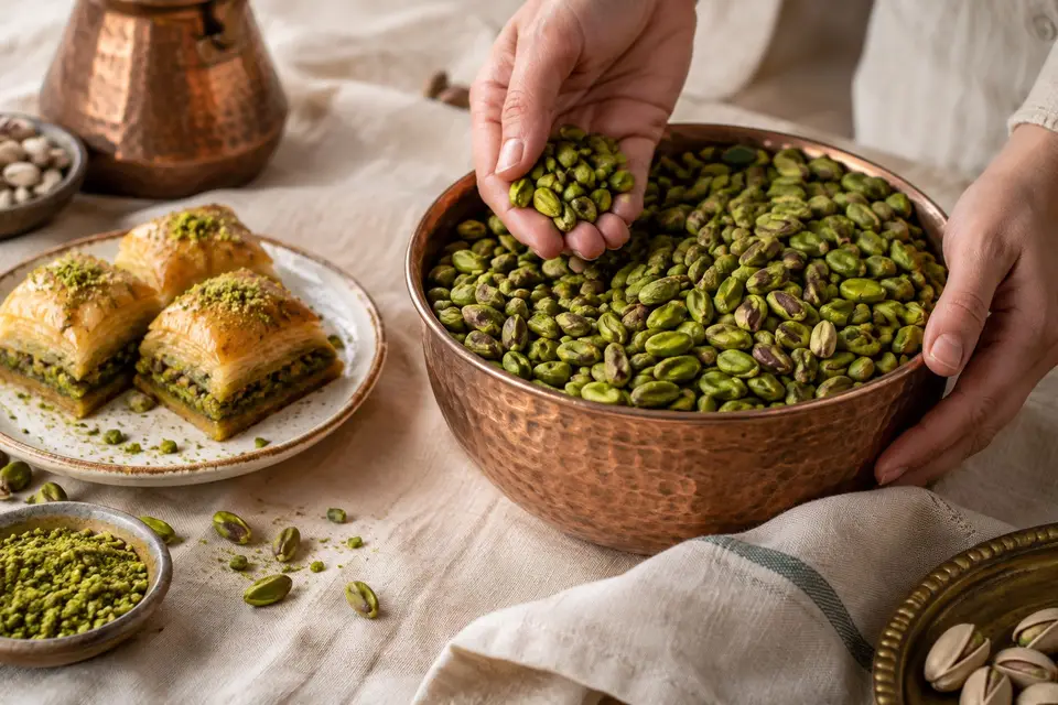 Bakır kasede iç Antep fıstığı ve fıstıklı baklava